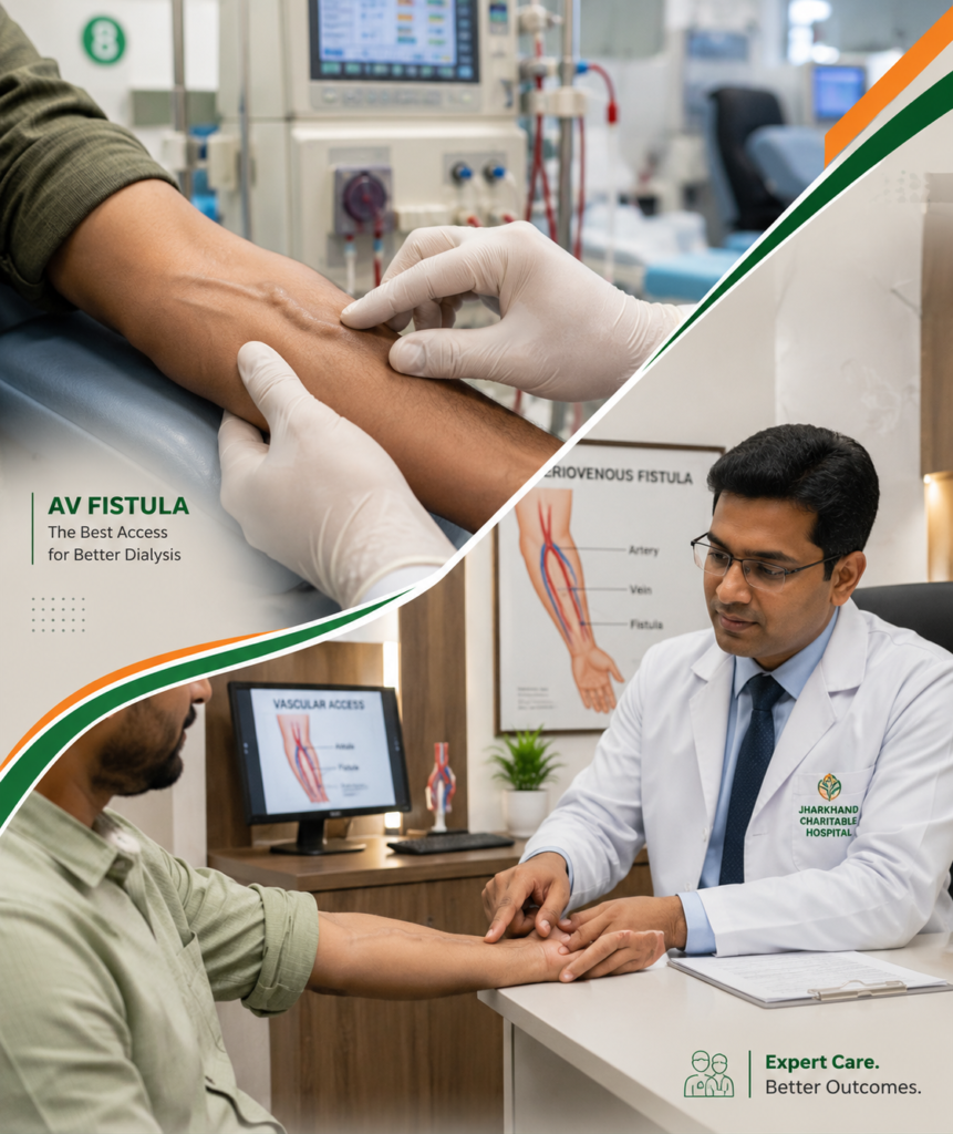 Doctor explaining AV fistula surgery procedure to a dialysis patient at Jharkhand Charitable Hospital, Ranchi