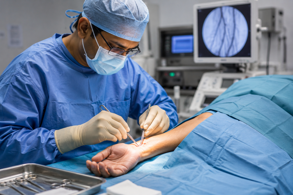 Surgeons performing an AV fistula procedure in a sterile operating theatre in Ranchi